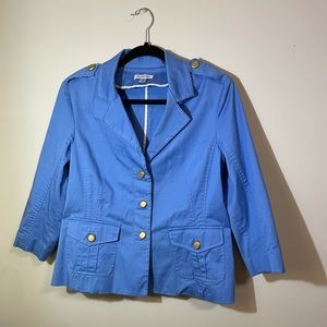 Joan Rivers Blazer Jacket Women’s Medium Blue gathered waist cotton gold buttons